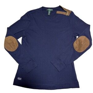 Lauren Jeans Ralph Lauren Blue Elbow-Patch Long Sleeve Shirt Tee Cotton Size M